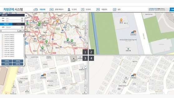 차량 위치가 4분할 지도에 표시된 차량관제 시스템